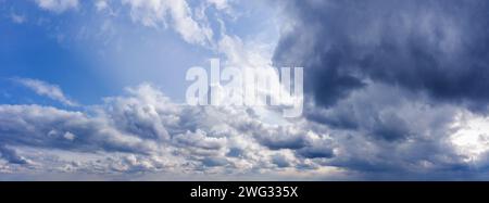Beautiful blue sky panorama with dark clouds at daylight. Stock Photo