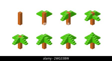 Step-by-step construction of a green Christmas tree from plastic blocks in isometry. Vector Stock Vector