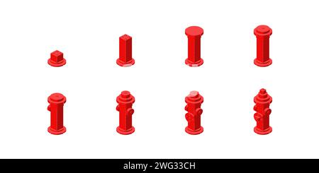 Step-by-step construction of a fire hydrant from plastic blocks in isometry. Vector Stock Vector