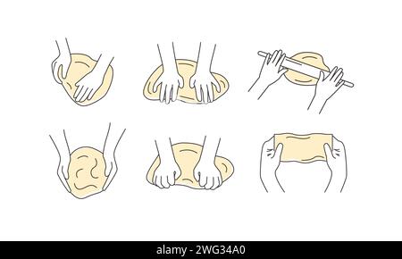 Set of kneading dough hands. Homemade bakery. Making sourdough bread. Instruction for baking recipe. Flat vector hand drawn doodle style isolated on w Stock Vector