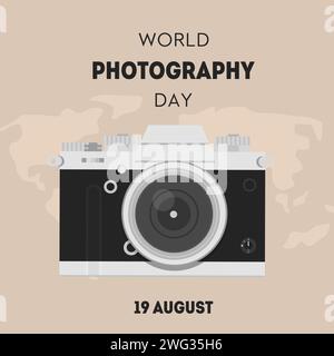 World photography day greeting card. Square banner with a digital camera in retro look with world map on background. Vector illustration in flat carto Stock Vector