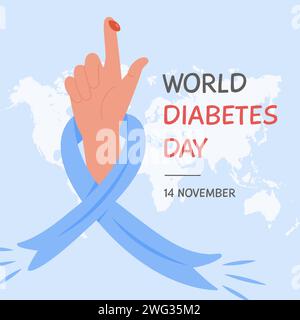 Social media square banner template for World Diabetes day. Human finger with blood drop and blue ribbon on background with world map. Greeting card. Stock Vector