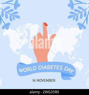 Social media square banner template for World Diabetes day. Human finger with blood drop on background with world map. Greeting card. Vector flat illu Stock Vector