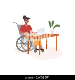 Young african disabled woman in wheelchair working at computer in comfortable office. Concept of diverse people employment with disabilities. Flat vec Stock Vector