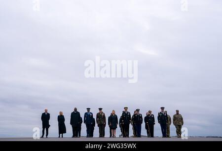 Dover, USA. 02nd Feb, 2024. President Joe Biden, left, and first lady Jill Biden, second from left, along with the official party attend the dignified transfer of three fallen U.S. soldiers at Dover Air Force Base, Del., Friday, Feb. 2, 2024. U.S. Army Sgt. William Rivers, Sgt. Breonna Moffett and Sgt. Kennedy Sanders were killed and 40 other military personnel were injured during a drone strike in Jordan. (Photo by Nathan Howard/Sipa USA) Credit: Sipa USA/Alamy Live News Stock Photo