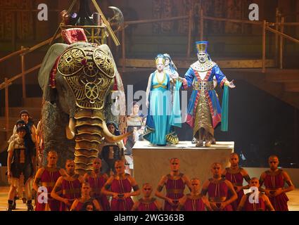 Hamburg, Germany. 02nd Feb, 2024. Singers and dancers perform in the world premiere at Barclays Arena of the newly staged arena opera 'Aida' by G. Verdi. The ensemble comprises more than 250 participants in total. Credit: Marcus Brandt/dpa/Alamy Live News Stock Photo