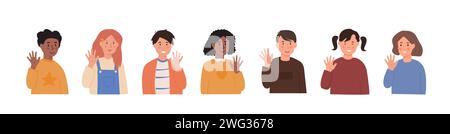 Vector set of children waving hands. Smiling little kids in greeting gesture. Collection of boys and girls raising hands saying hi or bye. Elementary Stock Vector