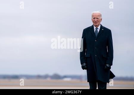 Dover, USA. 02nd Feb, 2024. President Joe Biden attends a dignified transfer of three fallen U.S. soldiers at Dover Air Force Base, Del., Friday, Feb. 2, 2024. U.S. Army Sgt. William Rivers, Sgt. Breonna Moffett and Sgt. Kennedy Sanders were killed and 40 other military personnel were injured during a drone strike in Jordan. (Photo by Nathan Howard/Sipa USA) Credit: Sipa USA/Alamy Live News Stock Photo