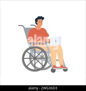 Flat vector illustration with young modern man working at laptop in a wheelchair. Concept of disabled diverse people employment Stock Vector