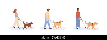 A guide dog with blind person walking together. Set of people with disability using help of dog. Collection of flat style characters. Vector illustrat Stock Vector