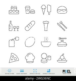 Food and drink related vector line icon set isolated on white. Pixel perfect design. Editable stroke. Adjust line weight. Expand to any size. Change t Stock Vector