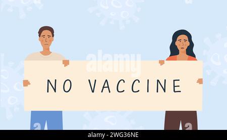 People holding a placard with no vaccine caption. Anti-vaccination protest. Activists rejecting preventive medicine. Covid-19 Vaccine refusal. Vector Stock Vector