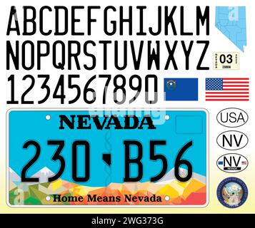 Nevada car license plate pattern, letters, numbers and symbols, vector illustration, USA Stock Vector