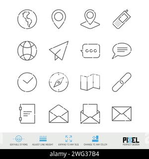Connection, logistics and management related vector line icon set isolated on white. Pixel perfect design. Editable stroke. Adjust line weight. Expand Stock Vector