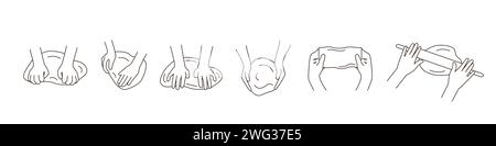 Set of outline kneading dough hands icons. Preparation steps for homemade baking. Making sourdough bread. Instruction for baking recipe. Collection of Stock Vector