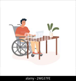 Young modern disabled man in wheelchair working at computer in comfortable office. Concept of diverse people employment with disabilities. Flat vector Stock Vector
