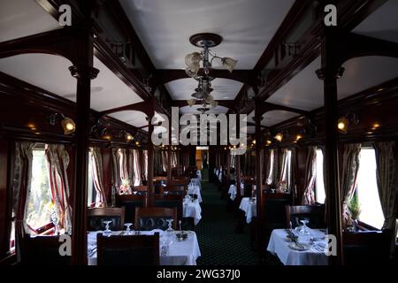 Luxury Dining Car on Rovos Rail Journey from Pretoria to Cape Town in South Africa Stock Photo