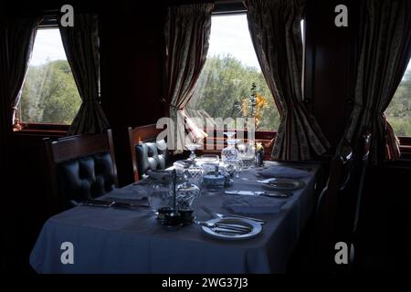 Luxury Dining Car on Rovos Rail Journey from Pretoria to Cape Town in South Africa Stock Photo