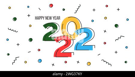 Happy New Year 2022. Web banner in flat abstract design with numbers. Memphis geometric horizontal poster for Xmas eve celebration with confetti. Vect Stock Vector