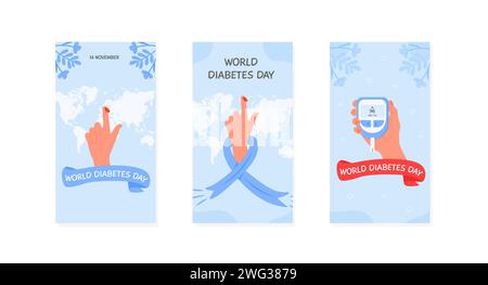 Set of social media story templates for World Diabetes day. Human hand holding glucometer to measure sugar level. Blood glucose test. Finger with bloo Stock Vector