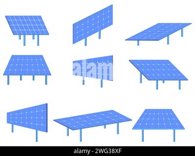 Solar panel icon set isolated on white background. Solar panels of different sizes and shapes. Renewable energy, production of environmentally friendl Stock Vector