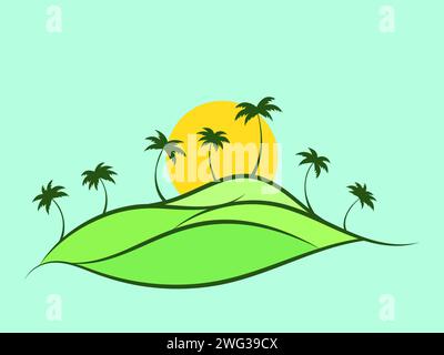 Tropical landscape with palm trees and sun. Wavy landscape with green hills and the sun on the horizon. Dawn over green fields. Design for posters, pr Stock Vector