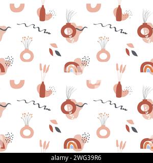 Boho art aesthetic seamless pattern with autumn arrangements of pottery and ceramic vases with dry plants and flowers. Repeatable background with rain Stock Vector