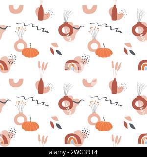 Boho art aesthetic seamless pattern with autumn arrangements of ceramic vases with dry leafs and plants. Repeatable background with pumpkin, rainbow a Stock Vector