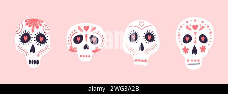 Vector set of Mexico sugar skulls element, Dia de los muertos symbols in flat hand drawn style isolated on background. Calavera Catrina with floral or Stock Vector