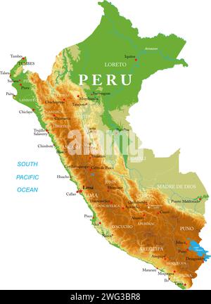 Highly detailed physical map of the Peru,in vector format,with all the relief forms,regions and big cities. Stock Vector