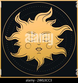 Sun symbol in magical circle. Gold celestial background. Vector illustration Stock Vector