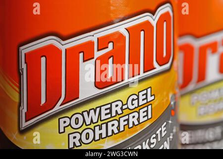 Viersen, Germany - January 9. 2024: Closeup of bottle drano power gel chemical drain cleaner Stock Photo