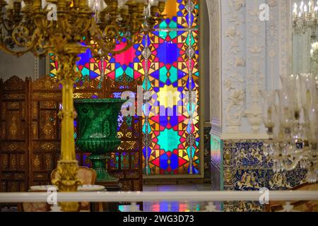 Tehran (Teheran), Iran, 06.24.2023: Architecture details of Golestan Palace, iran. Huge glass and colorful window background. Stock Photo