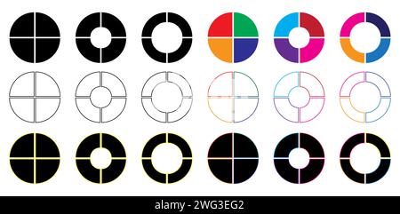 Vector set of four parts of a circle. Pie chart with four same size sectors on a white background. Stock Vector