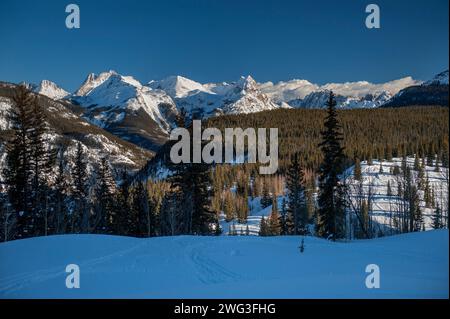 The Grenadier Range of the San Juan mountains on the west side of Colorado's Weminuche Wilderness, as seen from US Hwy 550 near Molas Lake. Stock Photo