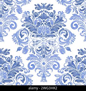 Watercolor damask pattern vintage blue and white flower texture tile seamless antique design Stock Photo