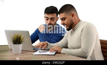 Men, close-up, on a white background, is working Stock Photo