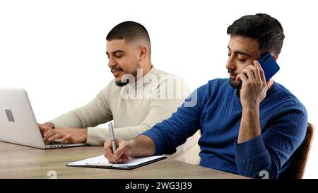 Men, close-up, on a white background, is working Stock Photo