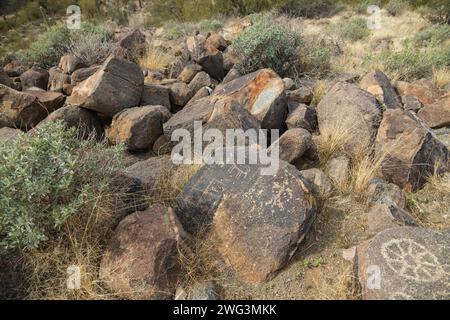 Petroglyphs on rocks in Saguaro National Park, Arizona Stock Photo