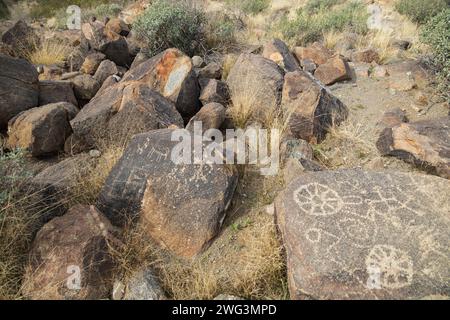 Petroglyphs on rocks in Saguaro National Park, Arizona Stock Photo