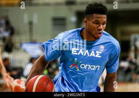 Snapshots of Giannis Antetokounbo during National team of Greece against Spain friendly Basketball game in OAKA Stadium in Athens - Greece Stock Photo