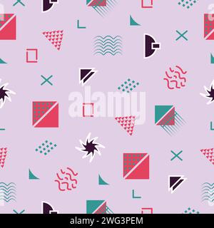 Geometric brutalist seamless pattern, bright background with brutal primitive figures, vector forms and shapes in red, green and violet colors Stock Vector