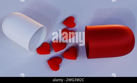 3d rendering of red heart shape objects inside of drug capsule Stock Photo