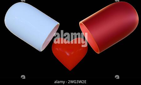 3d rendering of red heart shape objects inside of drug capsule Stock Photo