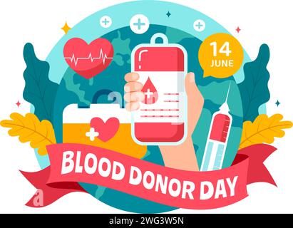 World Blood Donor Day Vector Illustration on June 14 with Human Donated Bloods for Give the Recipient in Save Life in Flat Cartoon Background Stock Vector