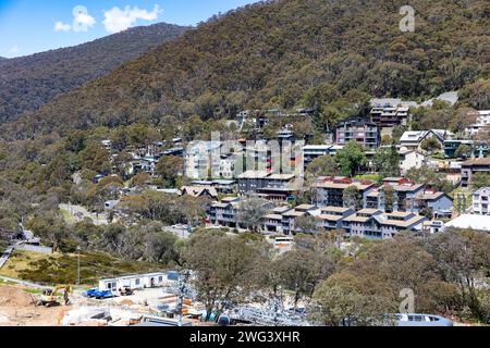 Thredbo ski resort village in the Snowy Mountains of Australia, viewed from the ski chairlift in summer 2024, New South Wales,Australia Stock Photo