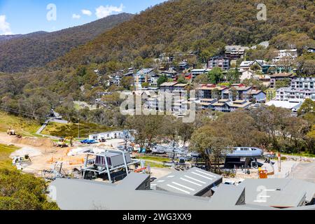 Thredbo ski resort village in the Snowy Mountains of Australia, viewed from the ski chairlift in summer 2024, New South Wales,Australia Stock Photo