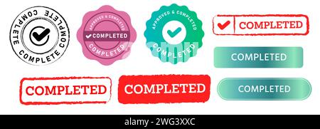 completed stamp button seal emblem sign finished success accomplishment process confirm Stock Vector
