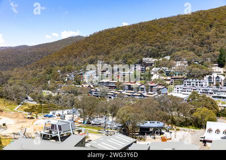 Thredbo ski resort village in the Snowy Mountains of Australia, viewed from the ski chairlift in summer 2024, New South Wales,Australia Stock Photo