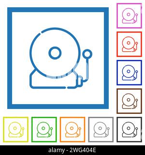 Scool bell outline flat color icons in square frames on white background Stock Vector